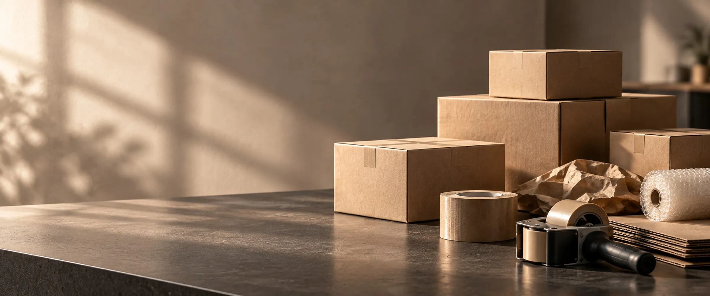 Plain kraft cartons stacked beside packing tape, a tape gun, bubble wrap and kraft paper on a dark bench.